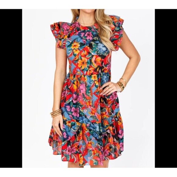 Talulah Floral Tropical Multicolored Dress Short Tiered Ruffled Sleeves Size S - Picture 1 of 13